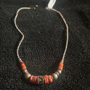 Handcrafted Beaded Necklace - Silver and Coral